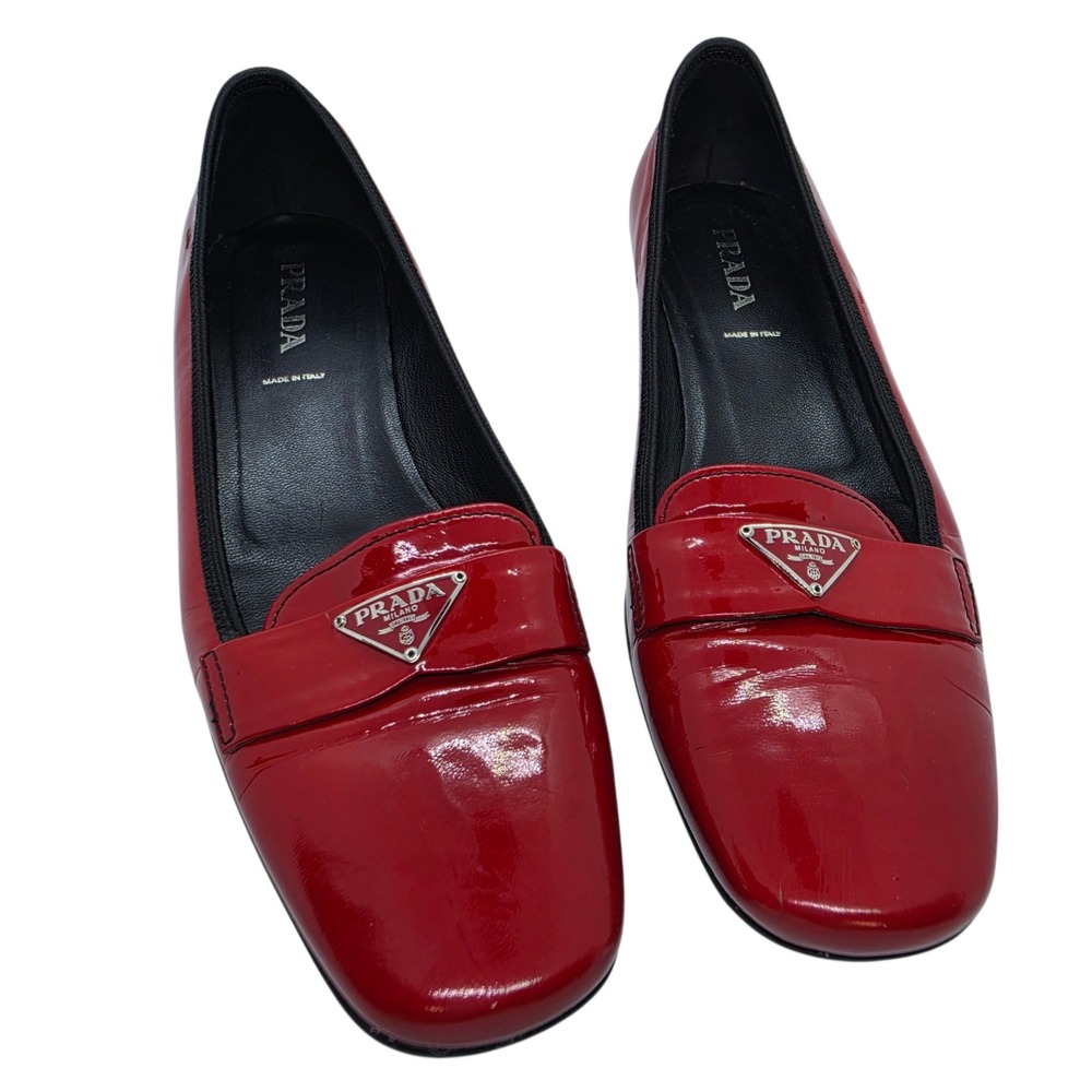 Prada Milano Red Patent Leather Triangle Logo Loafers Square Toe Flats Size EU40